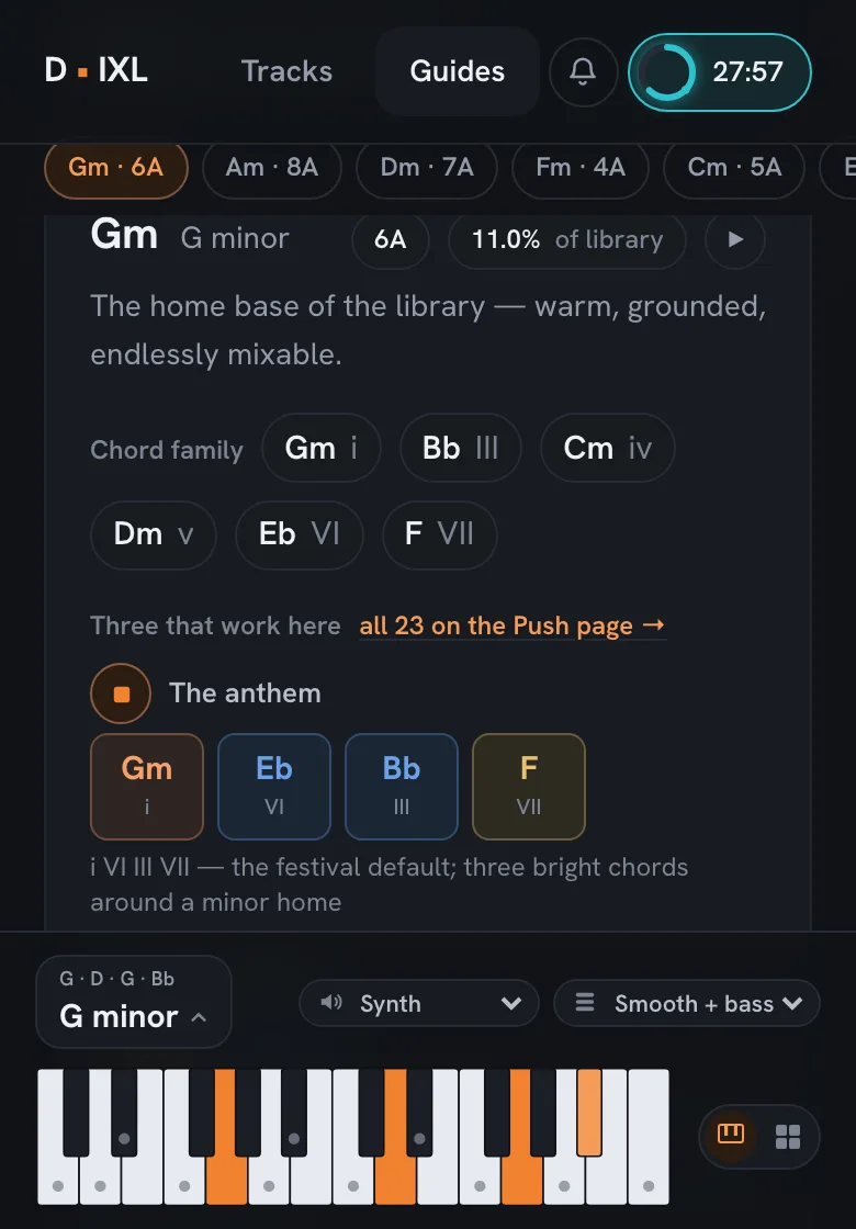 The Keys guide: G minor's chord family and a loop playing, with the docked keyboard lighting its notes