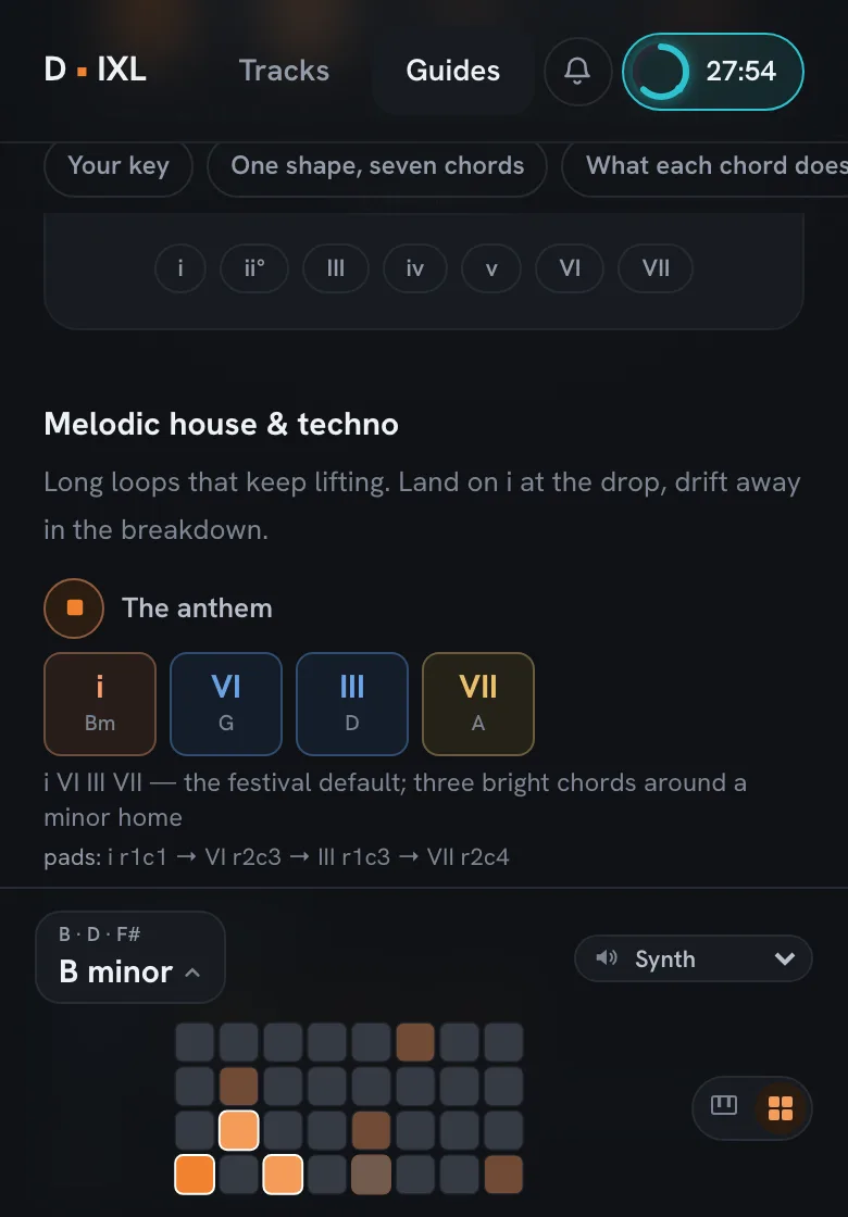 The Push guide: a progression playing in B minor, its pads lit on the docked 8 by 8 grid