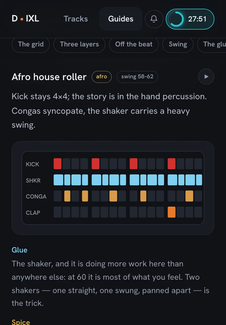 The Rhythm guide: an afro house groove as kick, shaker, conga and clap lanes