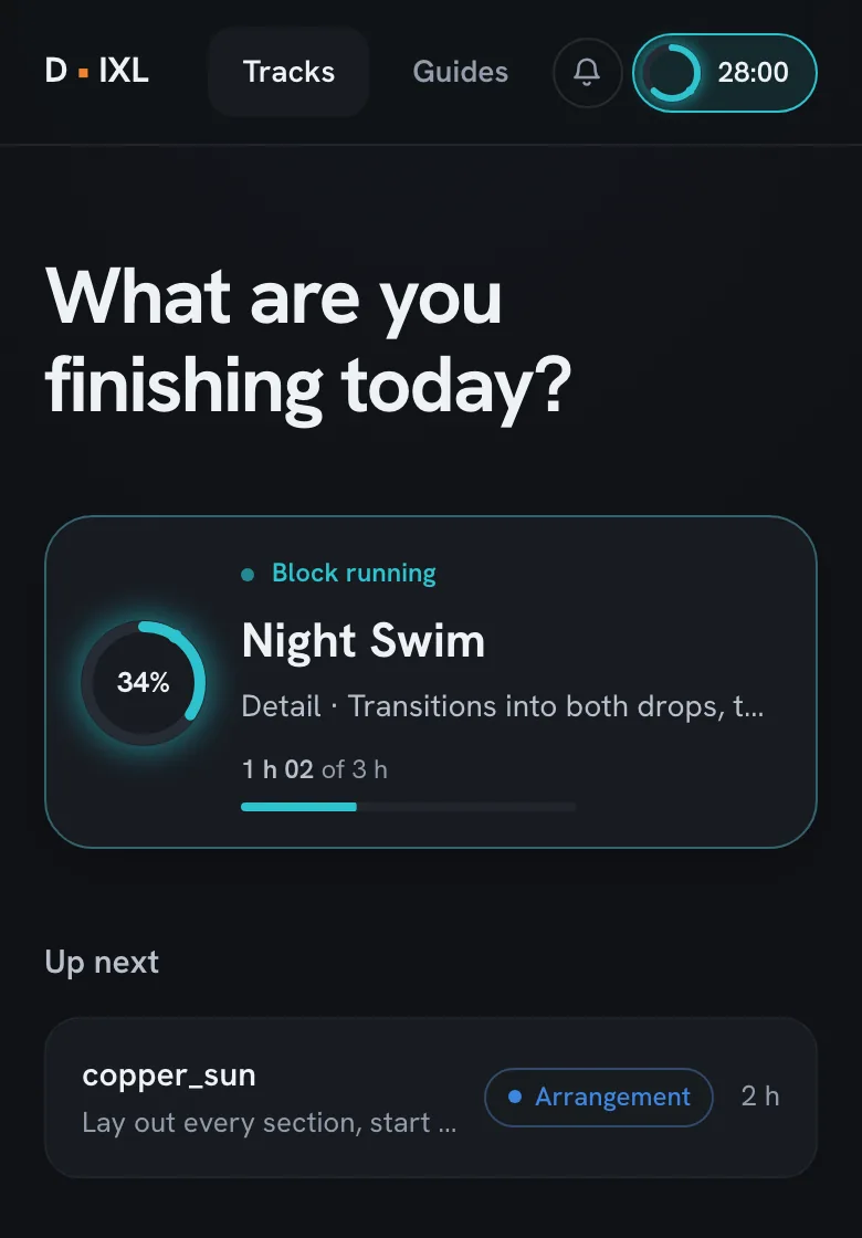 The home screen: a block running on a track called Night Swim, the next planned session, and the track list