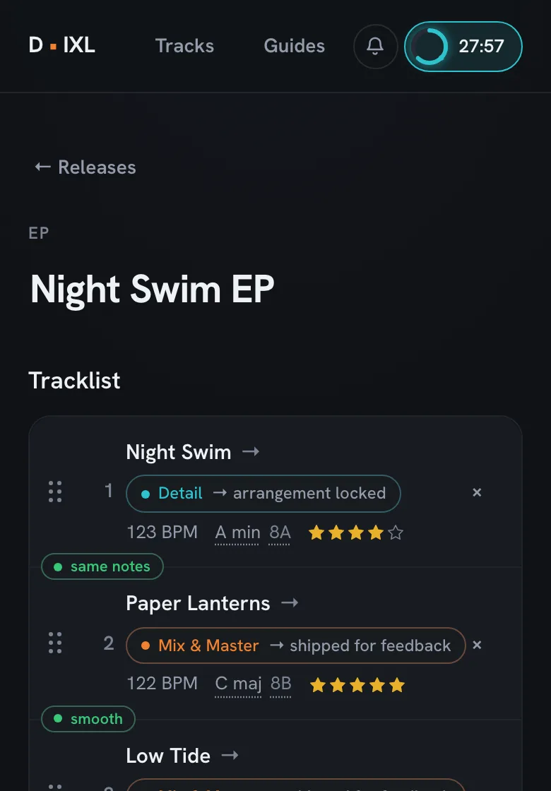 An EP tracklist with BPM, key and rating per track, and a key-fit badge between each pair