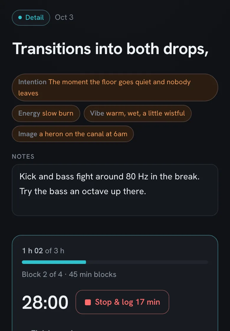 A session: the goal, the track's anchor, notes and the block timer at 28:00