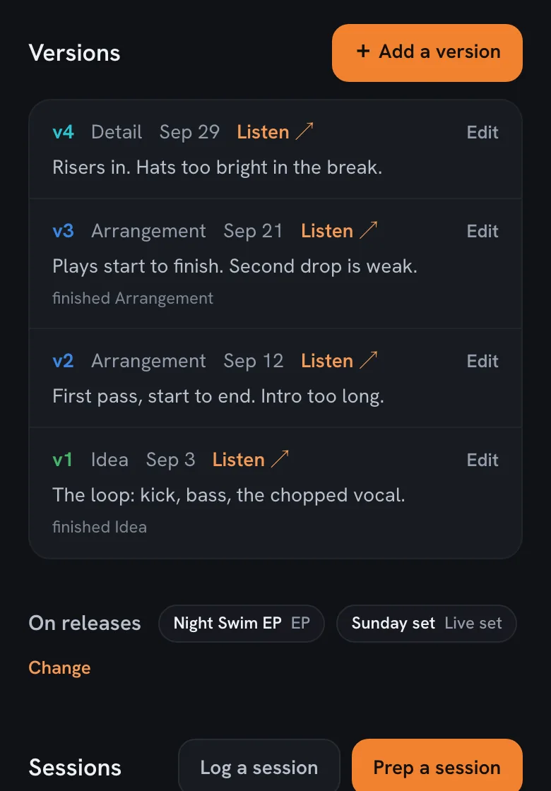 A track’s versions, v1 to v4, each with a SoundCloud link, a date and a comment